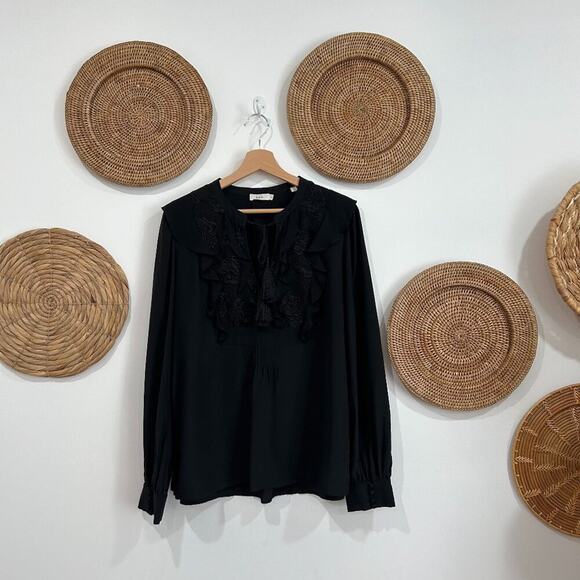 ALC Neutral Black Silk Ruffle Embroidered Flower Long Sleeve Blyth Blouse Top 8 - Picture 2 of 7